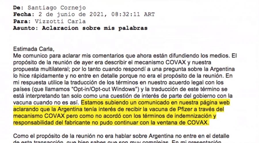 El mail que le mandó el director regional de COVAX a Vizzotti tras la polémica por las vacunas de Pfizer